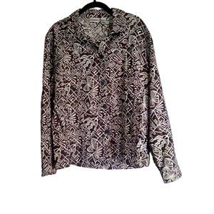 Chicos Silk Blend Size 2 or L Shirt Jacket Brown Beige Pattern Button Up Collar